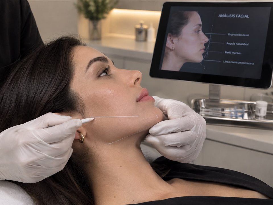 Marcado de las líneas de la mandíbula en una paciente, con análisis facial de perfil en la pantalla