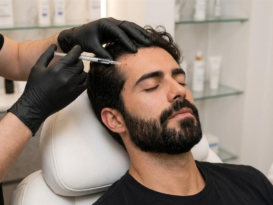 Aplicación inyectable en la línea del cabello de un paciente